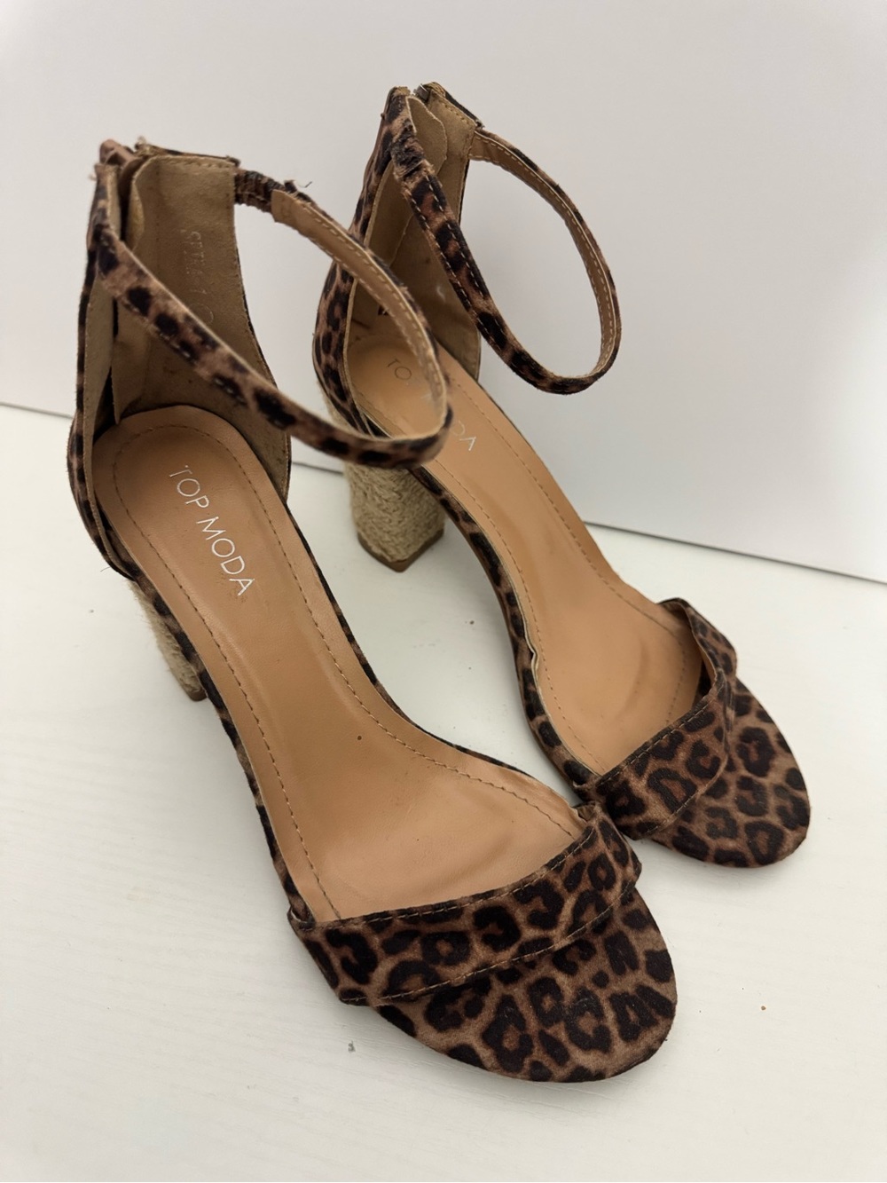 TOP Moda Leopard Print Ankle-Strap Block Heels - Brown/Black